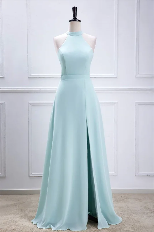 Huge Discounts This Week Blue Halter A-line Chiffon Long Bridesmaid Dress with Slit Romantic Detailing