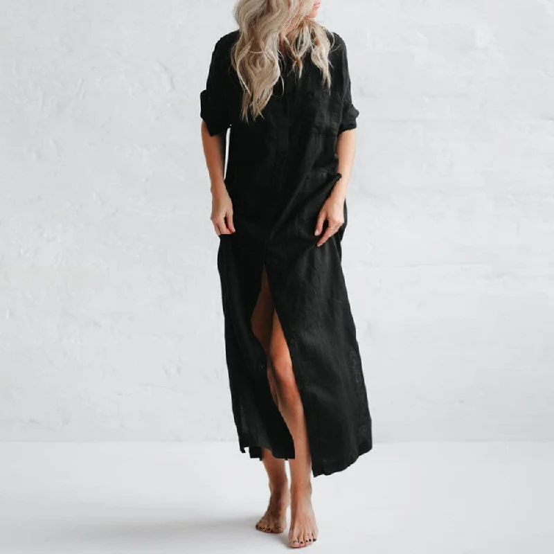 Luxury Fashion Seaside Tones Maxi Shirt Dress Black Contemporary Chic