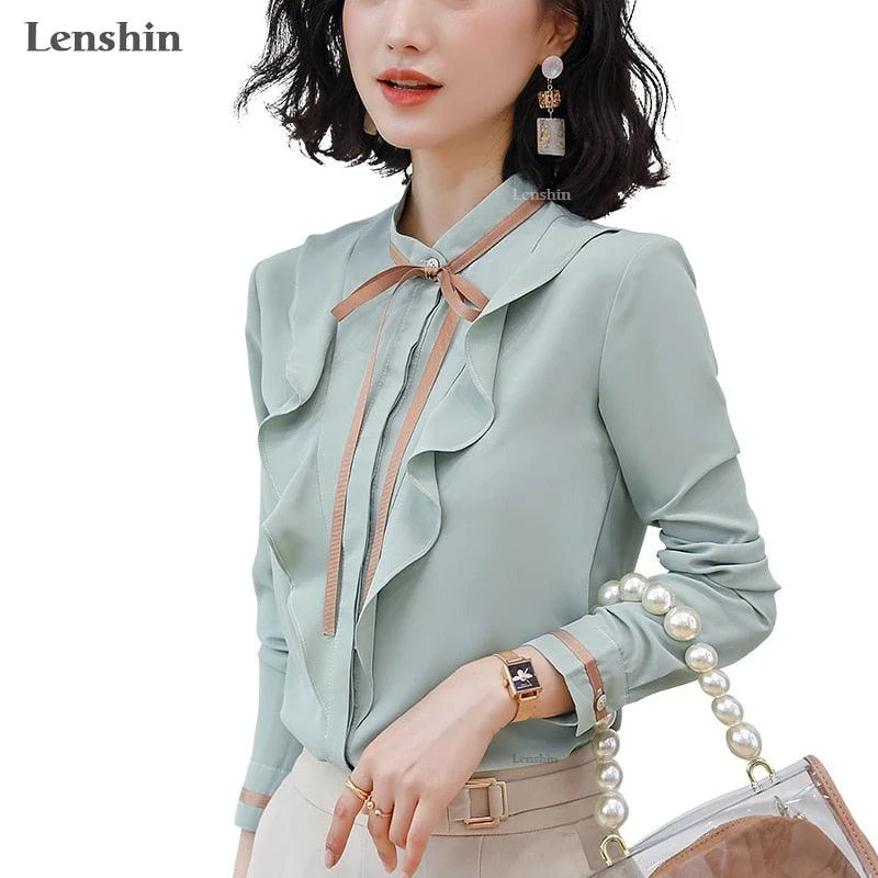 Premium Style Offers Green Lightweight  Long Sleeve Blouse Romantic Detailing