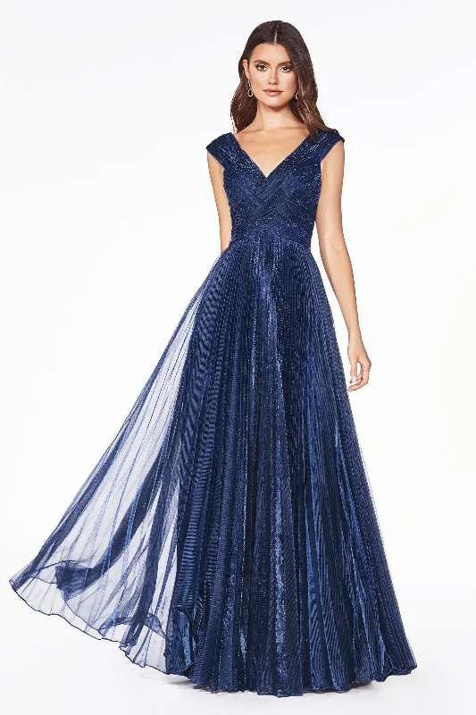 Sophisticated Style Offers Cinderella Divine CJ539 Long Formal Pleated Metallic Evening Prom Dress Hollywood Glam Award - Show Style