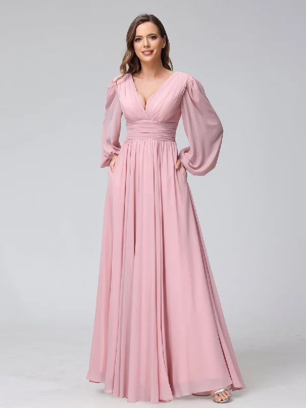 Best-Sellers A-Line V-Neck Long Sleeves Long Chiffon Bridesmaid Dresses With Split Side Pockets Graceful Movement