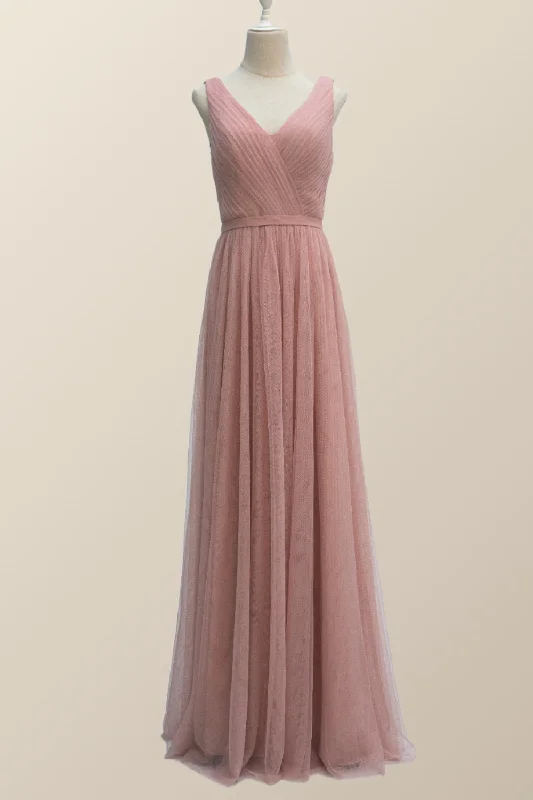 Bold Fashion Sales V Neck Plush Pink Tulle Long Bridesmaid Dress Vibrant Prints