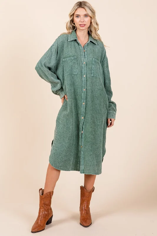 Relaxed Style Mittoshop Mineral Wash Cotton Gauze Midi Shirt Dress Luxury Style