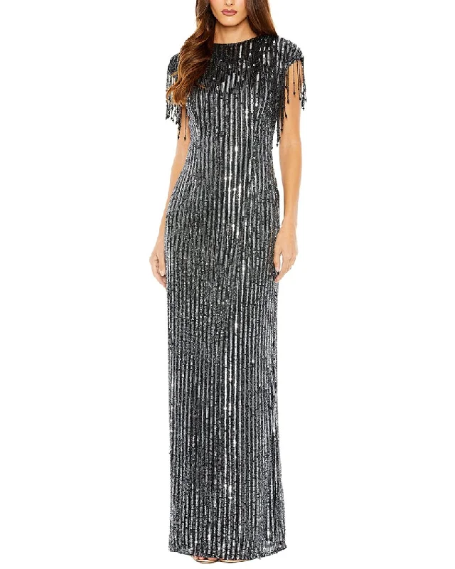 Feminine Style Promotions Mac Duggal Embellished Fringe Gown Tropical Island - Inspired Attire