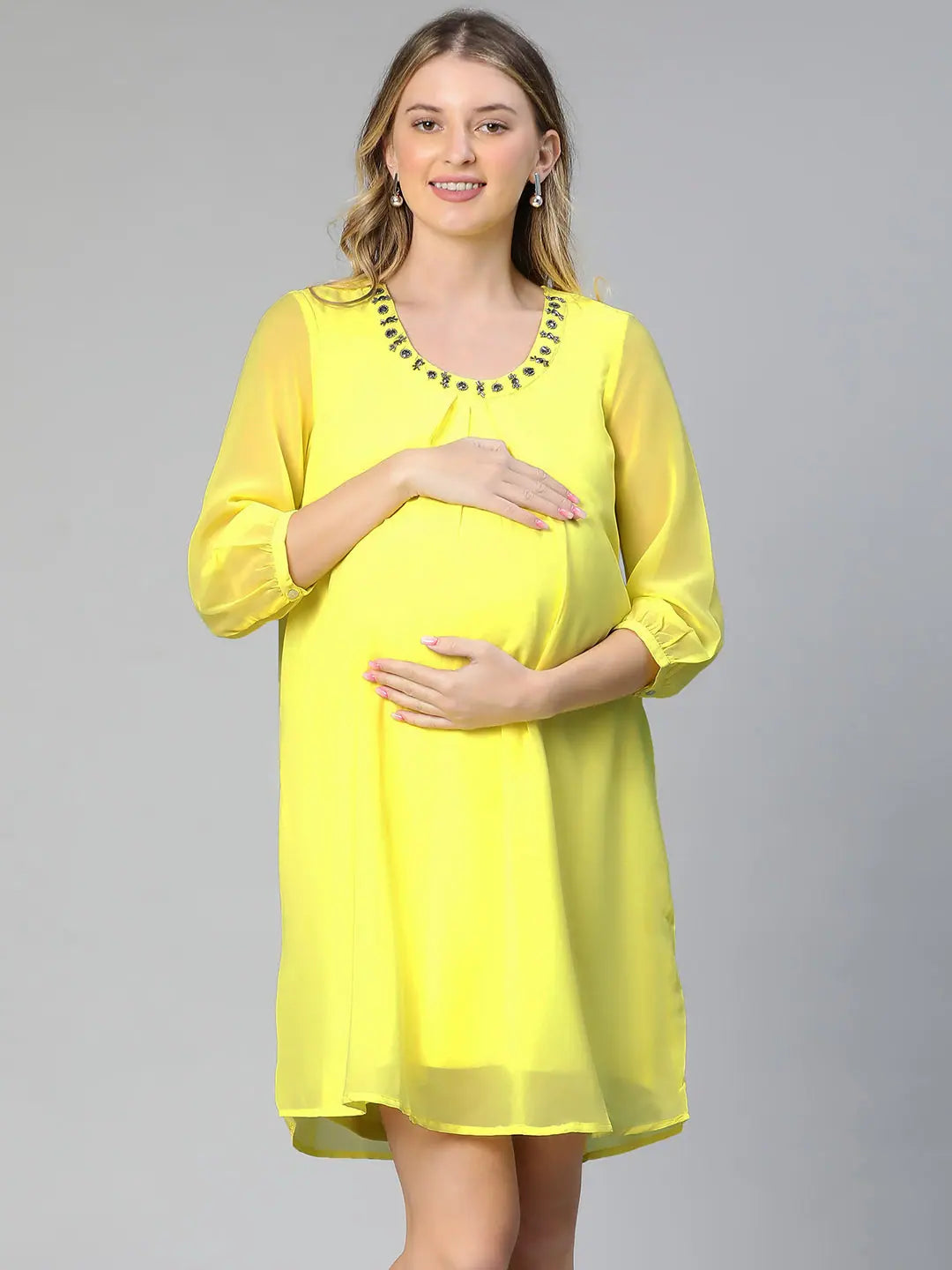 Trend Forward Threads Allured Yellow Embellished Elsaticated Women Maternity Dress Boho - Chic Festival - Ready Style