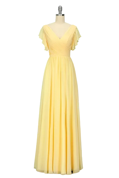 Holiday Attire Sale Elegant V Neck Pleated Yellow Bridesmaid Dress with Ruffles Elegant Attire