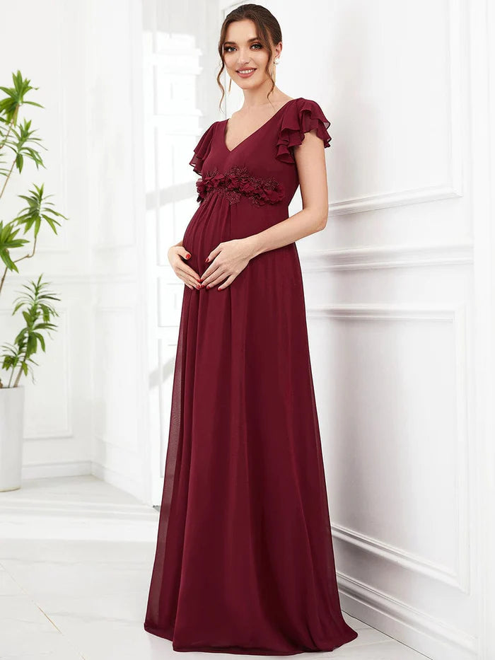 Modern Fashion Sale Chiffon Ruffled Short Sleeve Corsage A-Line Maternity Dress Flowing Silhouette