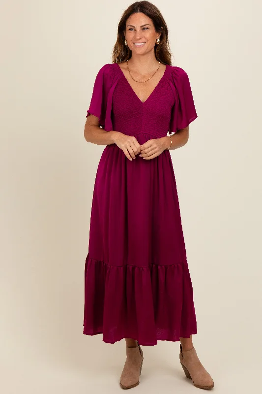 Trendy Threads Deep Red Satin Smocked Midi Dress Limited - Edition Drops