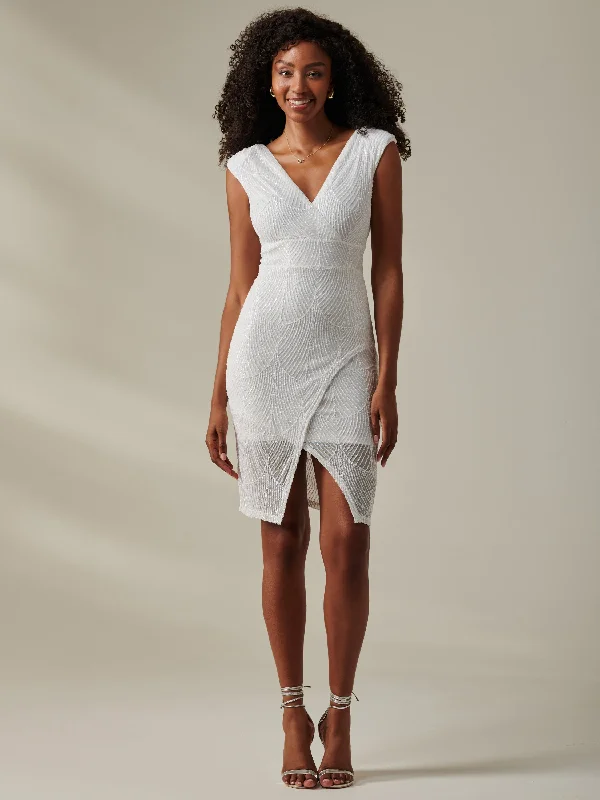 Chic Style, Always In Vogue Demi Sequin Wrap Slit Bodycon Dress, White Charming Silhouette