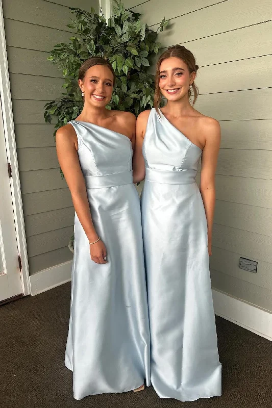 Buy More, Save More One Shoulder Light Blue Satin A-line Bridesmaid Dress Soft Textures