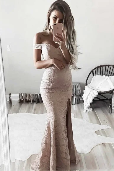 New In This Season Elegant Off Shoulder Mermaid Pink Lace Bridesmaid Dress with Slit Minimalist Office - Ready Style