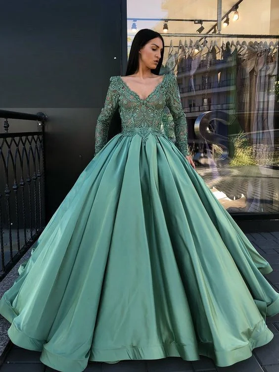 Modish Fashion Discounts A-line V neck Green Prom Dresses Long Sleeve Lace  cg6335 Minimalist Chic