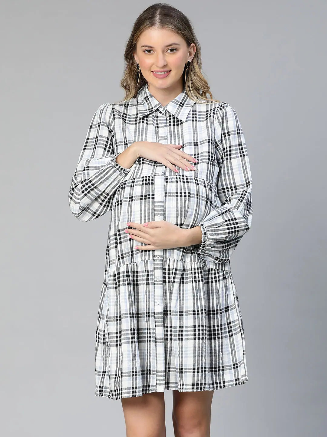 Fashion Forward Femininity Shapely Grey Check Print Button -Down Women Maternity Cotton Dress Elegant Attire