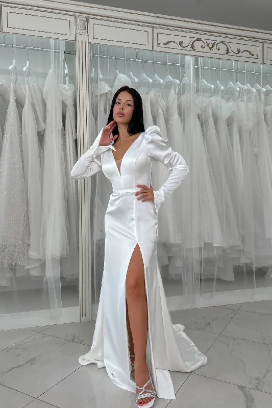 Sustainable Fashion Extravaganza Long Sleeves Soft Satin Mermaid Wedding Dresses, Simple Wedding Dresses, High Slit Wedding Dresses, Bridal Gown Bold Silhouette