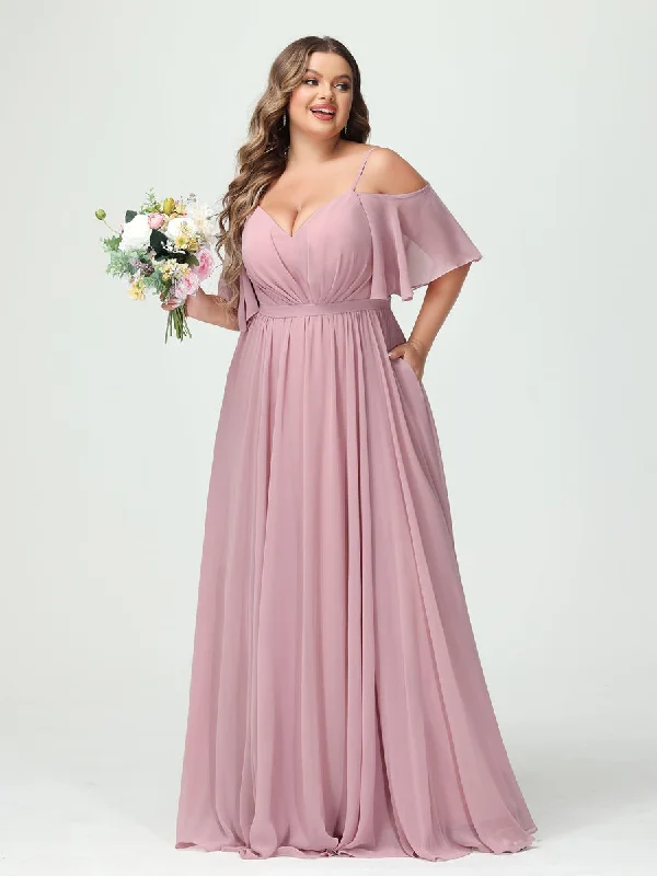 Weekend Exclusive A-Line/Princess Spaghetti Straps Half Sleeves Chiffon Plus Size Bridesmaid Dresses with Pockets Sophisticated Cut