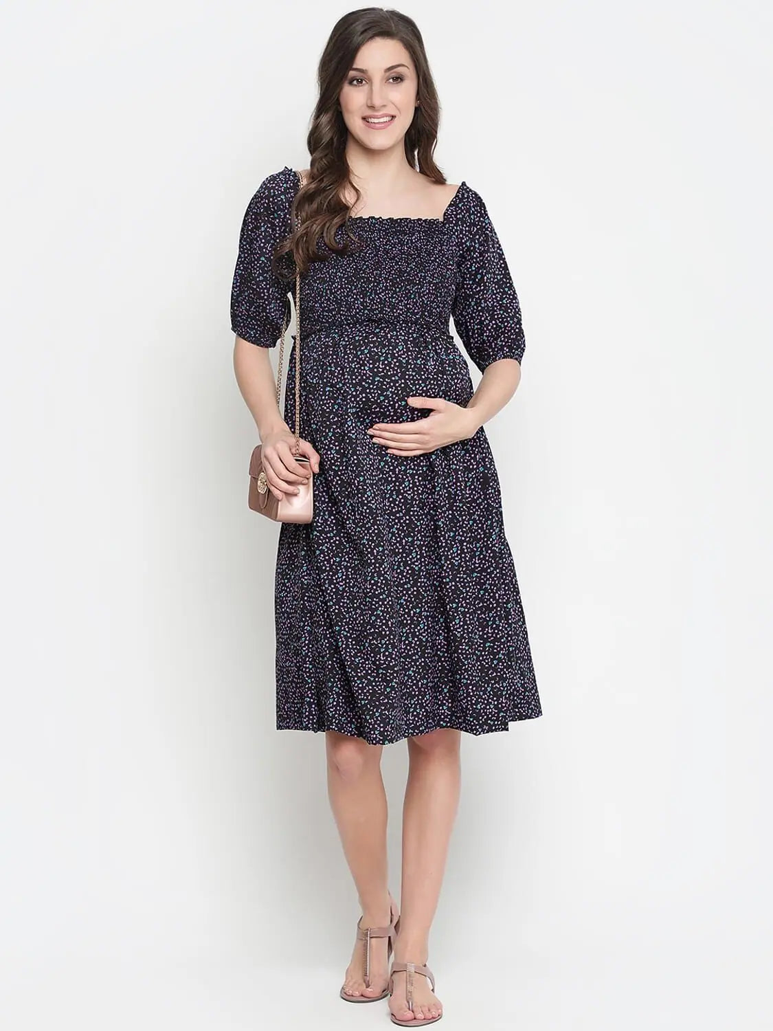 Holiday Glam Oxolloxo Coca Black Printed Ruffled Maternity Smocked Dress Feminine Allure