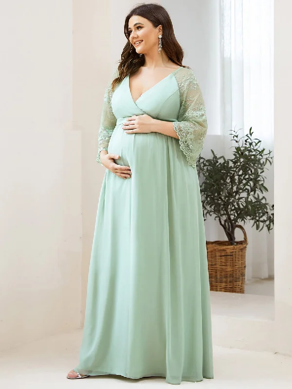 Flash Sale Now Deep V Neck Wholesale Maternity Dresses with Long See Through Sleeves Seasonal Trend