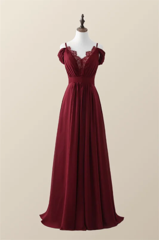 Exclusive Fashion Deals Straps Wine Red Chiffon A-line Long Bridesmaid Dress Refined Look