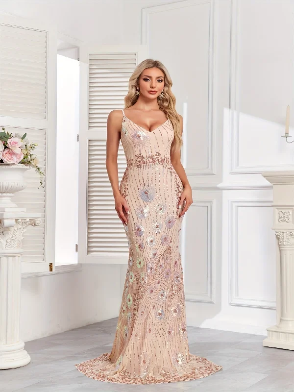 Chic Trends Unveiled Vibrant Floral Sequin Mermaid Cami Dress - Plunging V Neckline, Dramatic Backless Design, Slinky Bodycon Silhouette, Exuding Elegant Sophistication - Perfect for Wedding Parties and Formal Events, Womens Evening Wear, Formal Clothing Modern Romance