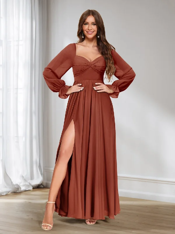 Season Sale A-Line/Princess Sweetheart Chiffon Long Sleeves Bridesmaid Dresses with Split Side Big Savings on Minimalist Office Styles