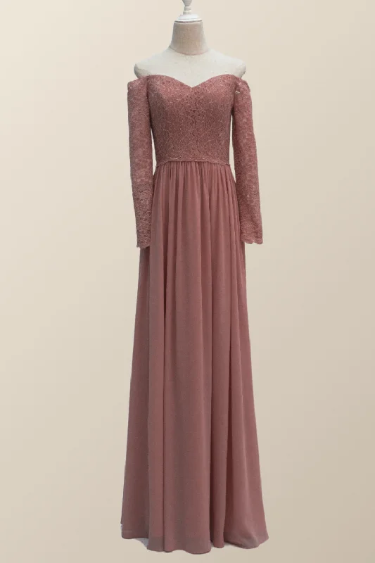 Fresh Fashion Discounts Dusty Rose Lace Long Sleeves Long Bridesmaid Dress Feminine Charm