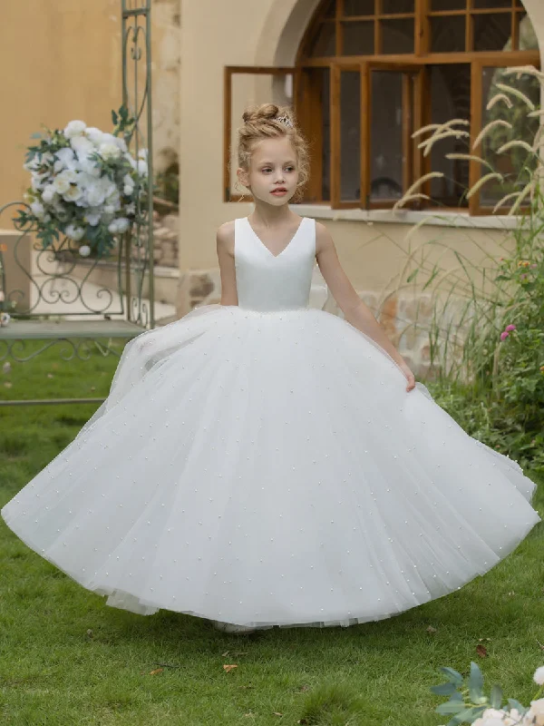 Day-To-Night Styles V-Neck Tulle Flower Girl Dresses with Pearls & Satin Bowknot Effortless Sophistication