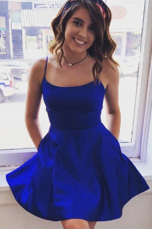 Stylish Statements Simple Satin Royal Blue Short Homecoming Dresses With Pockets Graceful Cut