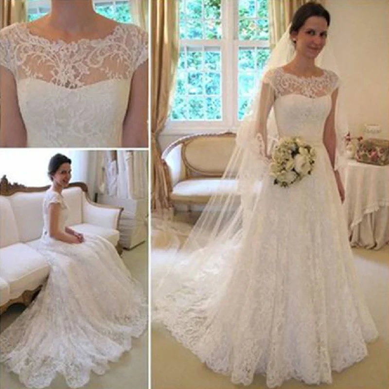 Popular Collection Long A-Line Round Neck Illusion White Lace Wedding Party Dresses, WD0044 Limited - Edition Drops