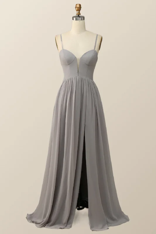 Trendy Looks On Sale Straps Grey Chiffon A-line Long Bridesmaid Dress Floral Style