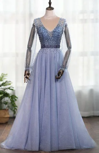 Fresh Fashion Discounts Dusty Blue Long Sleeves Deep V-neck Beaded Pearl Prom Dress, Formal Dress cg5588 Charming Silhouette