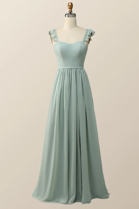 Must-Have Style Discounts Straps Green Chiffon Long Bridesmaid Dress Summer Fashion