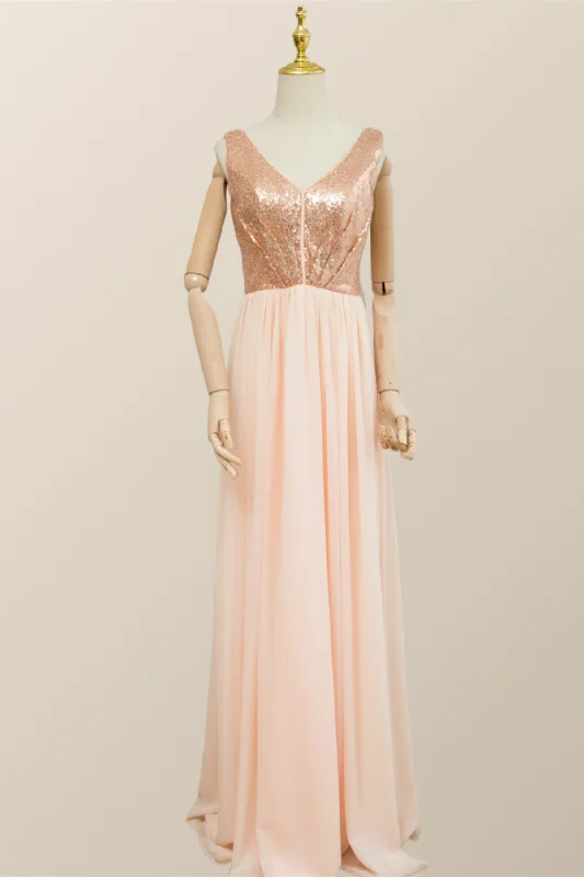 Romantic Fashion Discounts V Neck Rose Gold Sequin and Chiffon Long Bridesmaid Dress Sleek Design