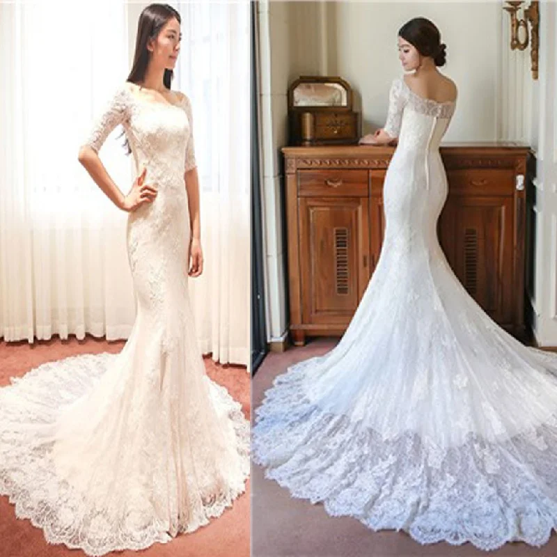 On-Trend Fashion Offers Gorgeous Off Shoulder Half Sleeve Popular Mermaid Wedding Dresses, WD0144 Sophisticated Cut