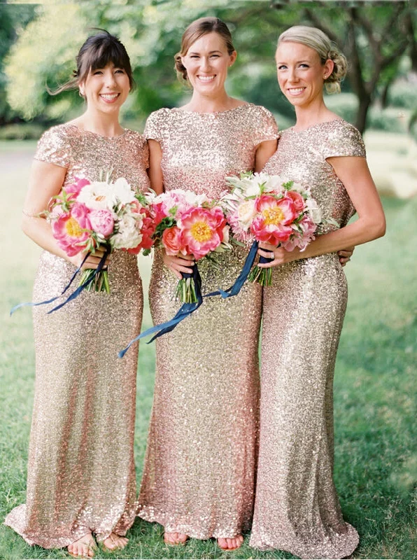 Polished Style Deals Chic Mermaid Long Sequins Rose Gold Bridesmaid Dress With Cap Sleeves Chic Allure