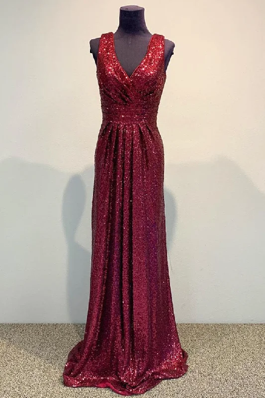 Must Haves Gorgeous V Neck Burgundy Sequin Long Bridesmaid Dress Polished Finish