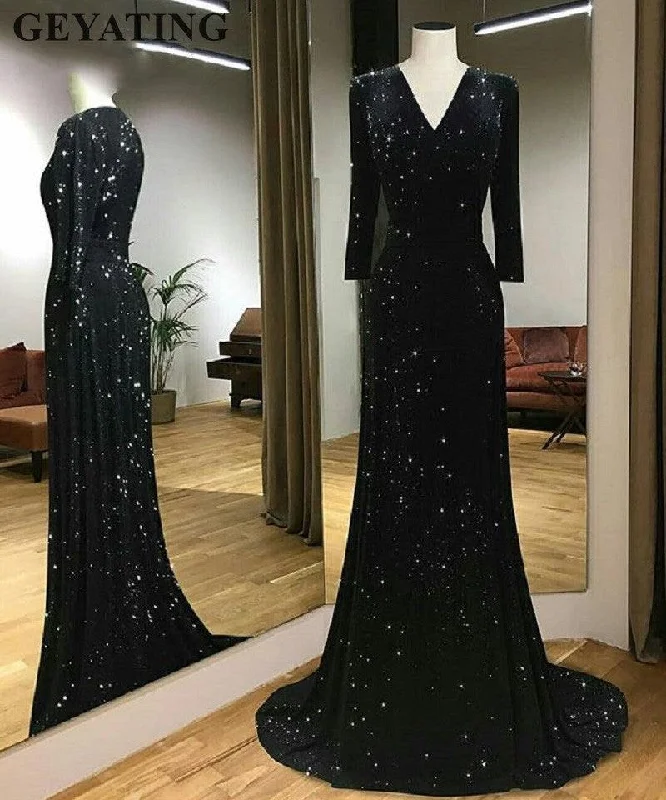 Flash Sale Now Elegant V-neck Sparkly Black Sequin Mermaid Long Sleeves Evening Dress Charming Silhouette