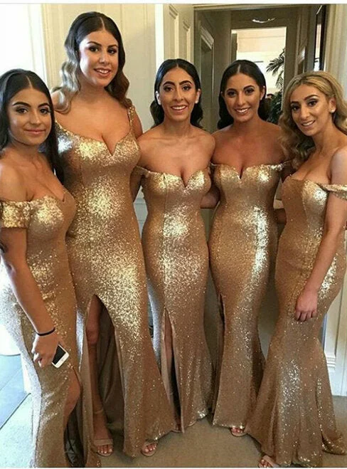 Modern Chic Discounts Hot Off the Shoulder Mermaid Gold Sequin Bridesmaid Dresses with Split Art Deco Geometric Pattern Look