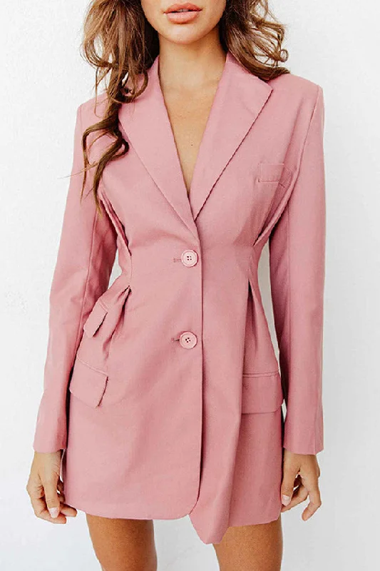 Buy More, Save More Long Sleeve Pleated Waist Lapel V Neck Mini Blazer Dress - Pink Refined Simplicity