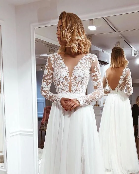 Premium Fashion Simple A Line V Neck Open Back Ivory Lace Long Sleeves Prom Dresses  cg8705 Limited - Edition Drops