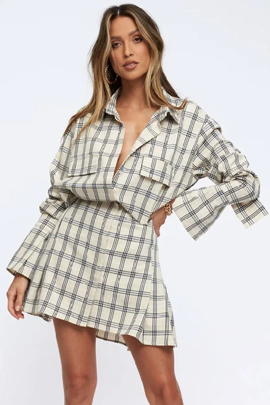 Get The Latest Trends Vintage Plaid Print Long Sleeve Button Down Mini Shirt Dress - Khaki Subtle Sophistication