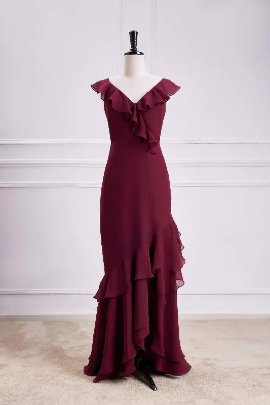 Sale Event, Prices Rock Wine Red Ruffled Neck Mermaid Layers Long Bridesmaid Dress Refined Simplicity