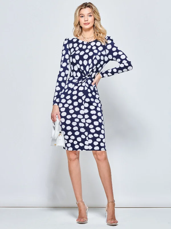 Holiday Glam Long Sleeve Twist Front Bodycon Dress, Navy Spot Feminine Grace