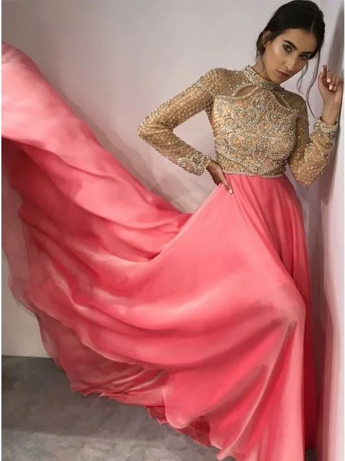 Bold Style Discounts Fancy High Neck Long Sleeves Pink Prom Evening Dress with Beading   cg7247 Elegant Ensemble