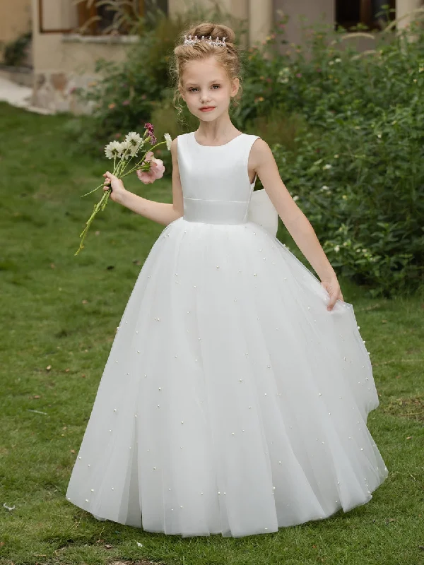 Latest Trends Crew Neck Tulle Flower Girl Dresses with Pearls & Satin Bowknot Dreamy Draping