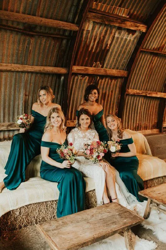 Massive Savings Roycebridal Hot Satin Off the Shoulder Emerald Green Bridesmaid Dresses Online Cottagecore Rustic Charm Style