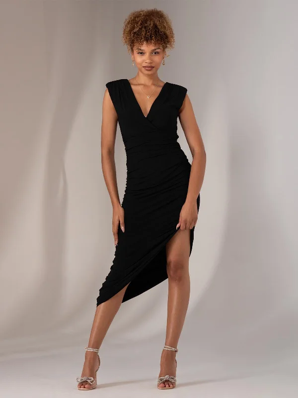 High-End Style Discounts Katrina Sleeveless Ruched Bodycon Dress, Black Tropical Island - Inspired Attire