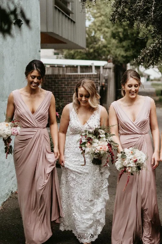 Limited Time Offers Elegant V Neck Blush Pink Long Bridesmaid Dress Coastal Beach - Inspired Style