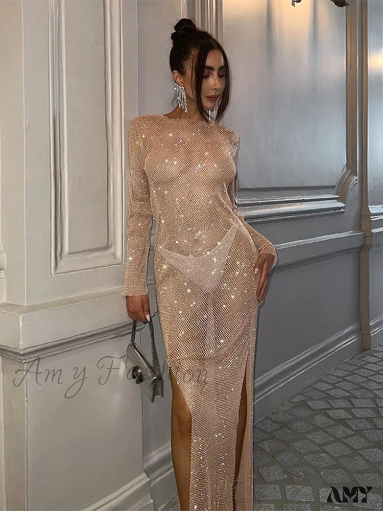 Quick Grab Deals Amy Fashion - Long Sleeve Split O Neck Slim Party See Through Dress Statement Piece