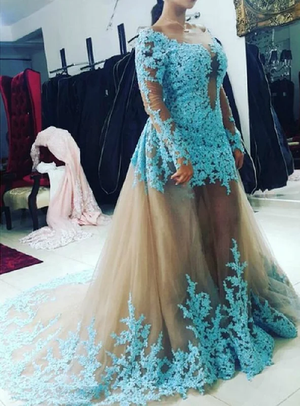 Feminine Luxe Style Sale Fashion Removable Skirt Long Sleeve Blue Lace Appliques Prom Dresses   cg12913 Chic Sophistication