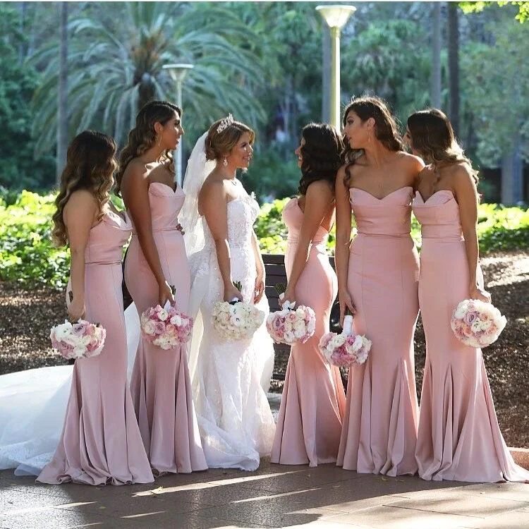 Forward Trendsetter Mermaid Strapless Blush Pink Satin Bridesmaid Dresses Long Party Dresses Contemporary Chic